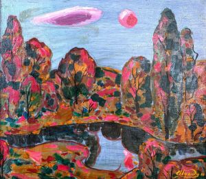 Живопись, Пейзаж - Лесная речка. Красная луна